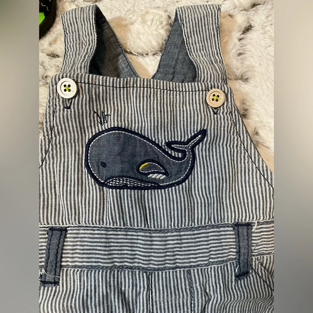 🐳 OSHKOSH Blue stripe Nautical Baby Romper 1pc w button center + SHOES SZ 12M